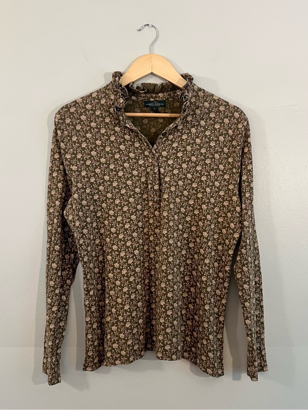 Vintage Ralph Lauren brown floral ruffle collar Henley top Cottagecore prarie